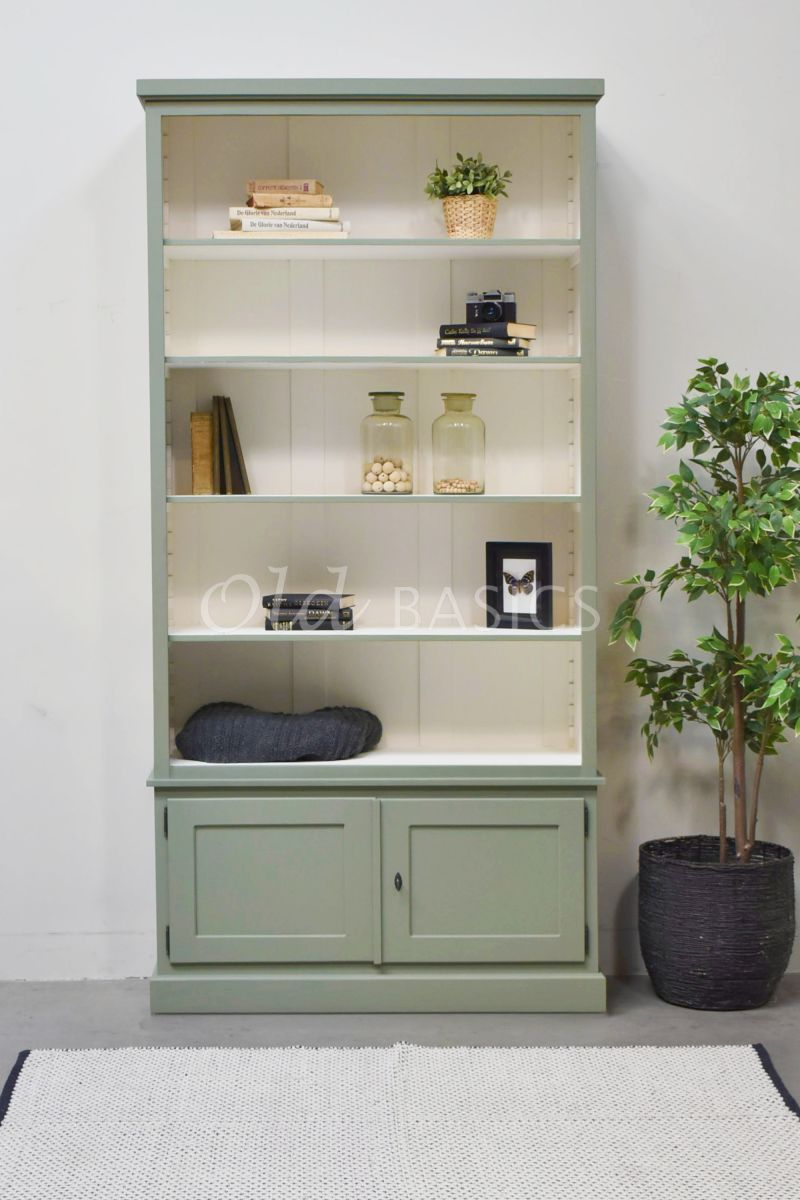 Detail van Boekenkast Monaco, RAL7033, groen, grijs, materiaal hout